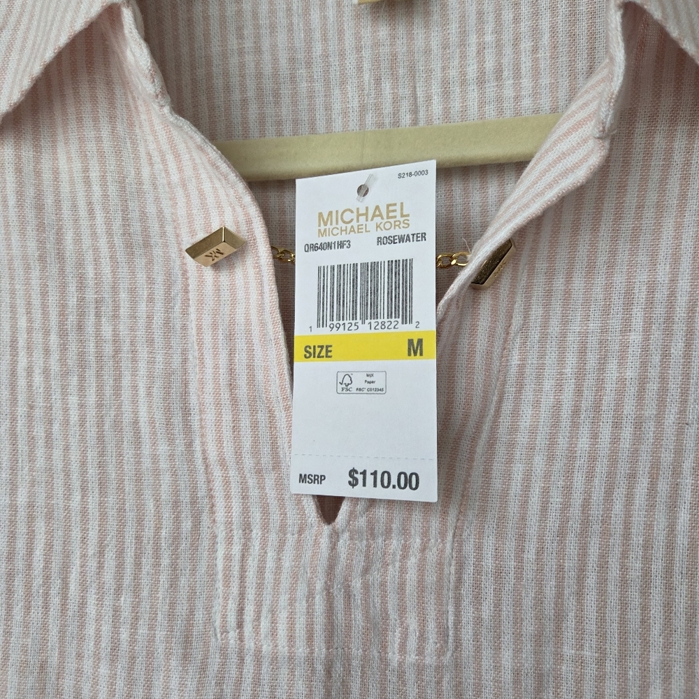 NWT WOMENS MICHAEL KORS PINK/WHITE STRIPES LINEN BLEND PULLOVER BLOUSE MEDIUM - Picture 4 of 5